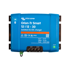 Victron Orion-Tr Smart 30A 12V isolated DC-DC battery charger top view with terminal block and status light.
