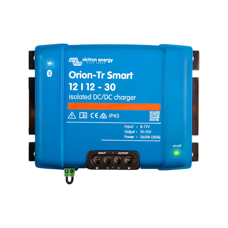 Victron Orion-Tr Smart 30A 12V isolated DC-DC battery charger top view with terminal block and status light.