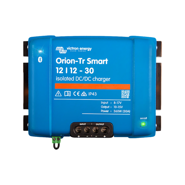Victron Orion-Tr Smart 30A 12V isolated DC-DC battery charger top view with terminal block and status light.