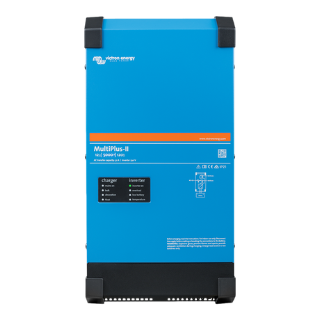 Victron MultiPlus-II 5000W/220A 12V inverter charger straight front view with status panel.