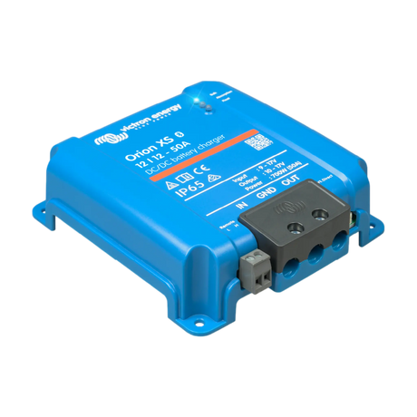 Victron Orion XS 50A 12V DC-DC battery charger in a front-left angled view with terminal cover.
