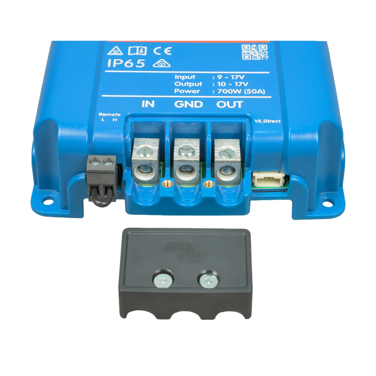Victron Orion XS 50A 12V DC-DC battery charger front terminals with the protective cover removed.