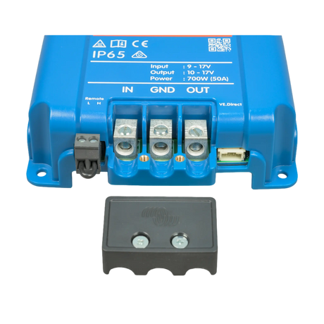 Victron Orion XS 50A 12V DC-DC battery charger front terminals with the protective cover removed.
