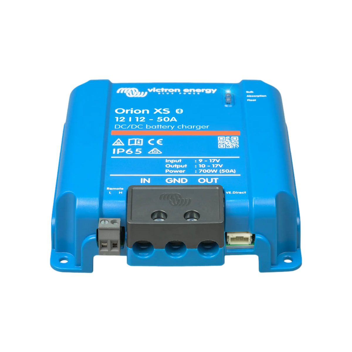 Victron Orion XS 50A 12V DC-DC battery charger front terminal view with the protective cover fitted.