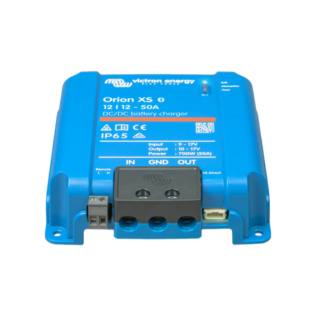 Victron Orion XS 50A 12V DC-DC battery charger front terminal view with the protective cover fitted.