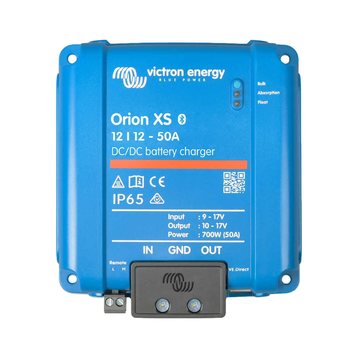 Victron Orion XS 50A 12V DC-DC battery charger top view with status lights and covered terminals.