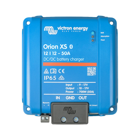 Victron Orion XS 50A 12V DC-DC battery charger top view with status lights and covered terminals.