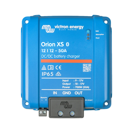 Victron Orion XS 50A 12V DC-DC battery charger top view with status lights and covered terminals.