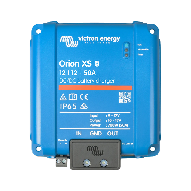 Victron Orion XS 50A 12V DC-DC battery charger top view with status lights and covered terminals.