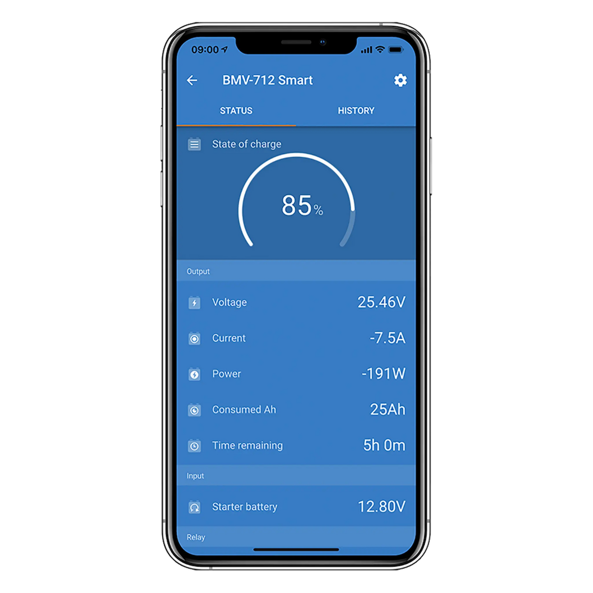 VictronConnect app screen for the BMV-712 monitor displaying 85 percent battery state of charge.