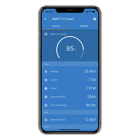 VictronConnect app screen for the BMV-712 monitor displaying 85 percent battery state of charge.