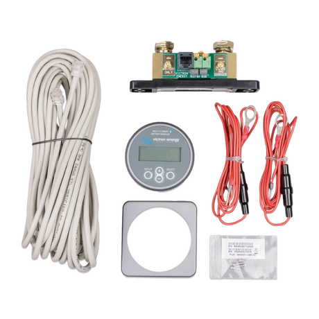 Victron BMV-712 Smart Bluetooth battery monitor kit with display, shunt, cables and mounting trim.