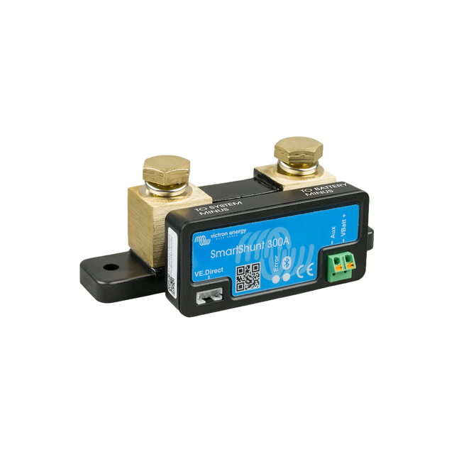 Victron SmartShunt 300A Bluetooth battery monitor in a front-left angled view with brass terminals.
