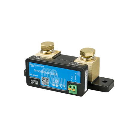 Victron SmartShunt 300A Bluetooth battery monitor in a front-right angled view with brass terminals.