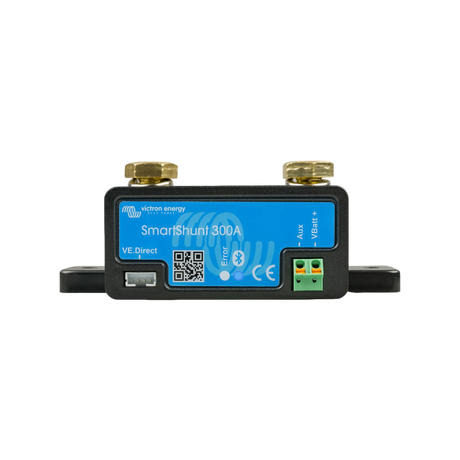 Victron SmartShunt 300A Bluetooth battery monitor straight front view with label and connection ports.