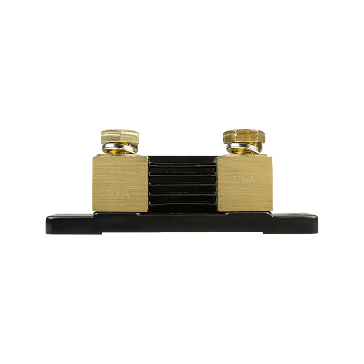 Victron SmartShunt 500A battery monitor rear view with two terminal blocks and a black mounting base.