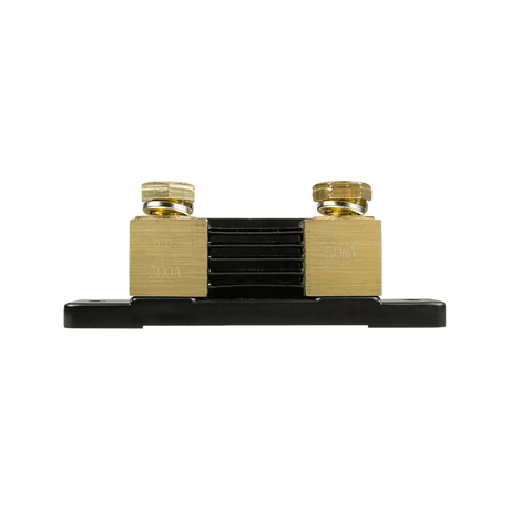 Victron SmartShunt 500A battery monitor rear view with two terminal blocks and a black mounting base.