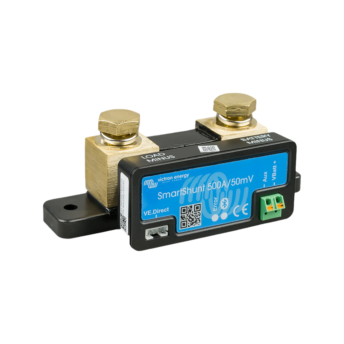 Victron SmartShunt 500A battery monitor front left view with two terminal bolts and a black mounting base.