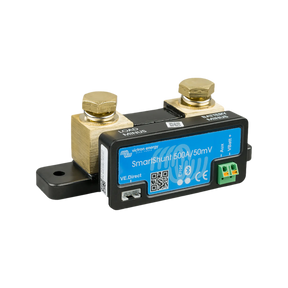 Victron SmartShunt 500A battery monitor front left view with two terminal bolts and a black mounting base.