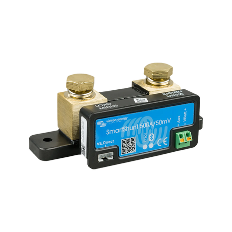 Victron SmartShunt 500A battery monitor front left view with two terminal bolts and a black mounting base.