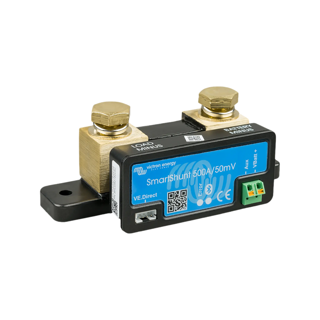 Victron SmartShunt 500A battery monitor front left view with two terminal bolts and a black mounting base.