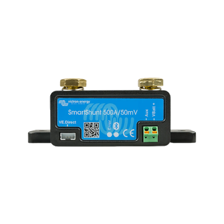 Victron SmartShunt 500A battery monitor front view with a data port and green terminal block.