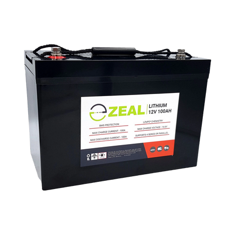 Zeal 100Ah 12V lithium deep cycle battery in a front left view with top terminals and front label visible.