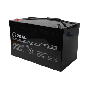 Zeal 125Ah 12V AGM deep cycle battery in a front right view with top terminals and specifications label visible.