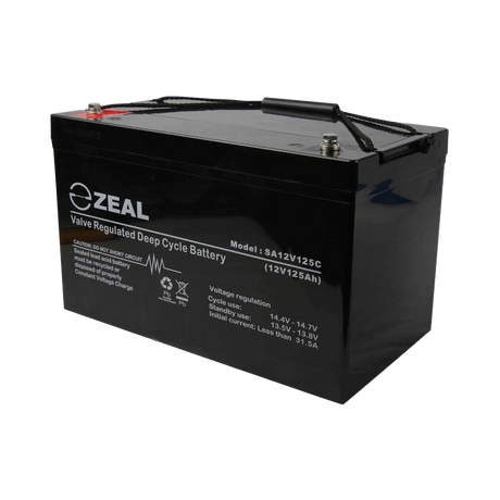 Zeal 125Ah 12V AGM deep cycle battery in a front right view with top terminals and specifications label visible.