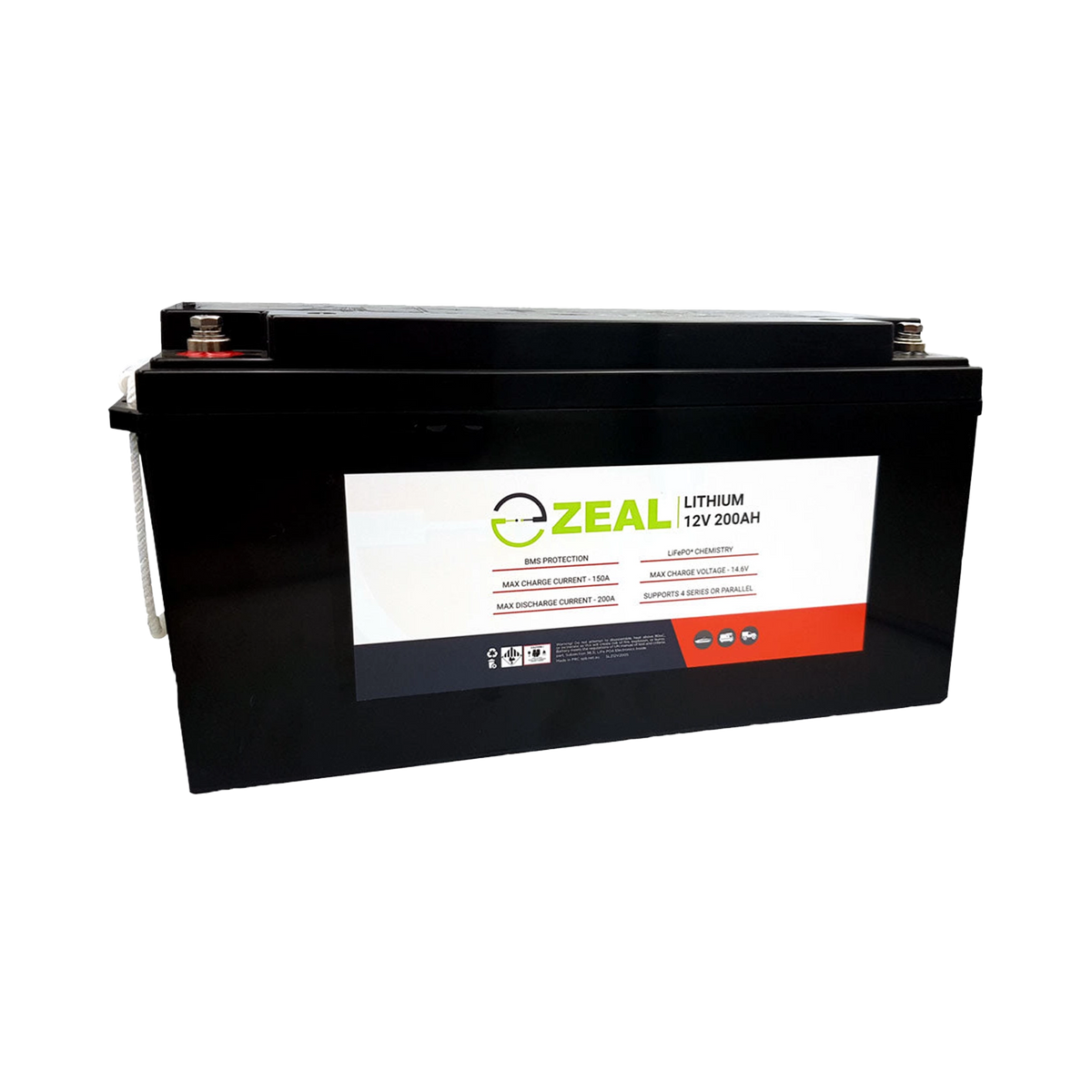 Zeal 200Ah 12V lithium deep cycle battery front view with side label and top terminals.