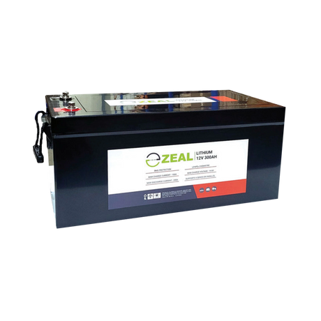 Zeal 300Ah 12V lithium deep cycle battery front left view with top terminals and side label.